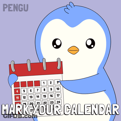 A Penguin Holding A Calendar With The Words " Mark Your Calendar " Below It GIF