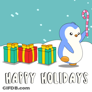 A Penguin Holding A Candy Cane And Gifts With The Words Happy Holidays Below GIF