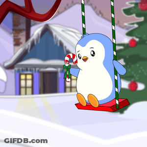 A Penguin Holding A Candy Cane While Sitting On A Swing GIF
