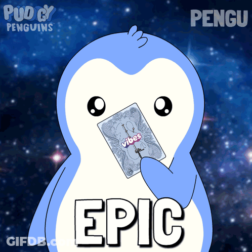 A Penguin Holding A Card That Says Vibes On It GIF