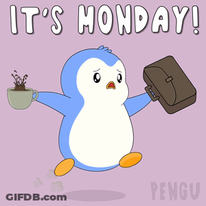 A Penguin Holding A Cup Of Coffee And A Briefcase With The Words It 'S Monday GIF