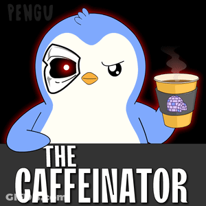 A Penguin Holding A Cup Of Coffee With The Words " The Caffeinator " On The Bottom GIF