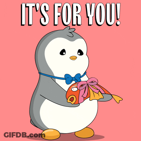 A Penguin Holding A Fish With The Words " It 'S For You " On The Bottom GIF