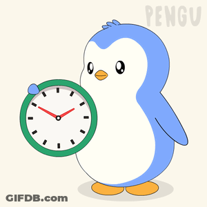 A Penguin Holding A Green Clock With The Word Pengu On The Bottom Right GIF