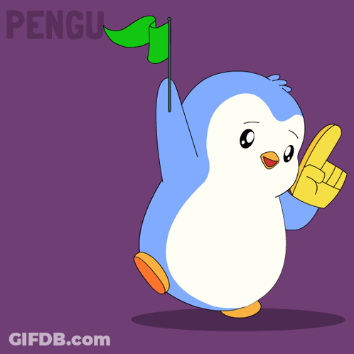 A Penguin Holding A Green Flag And A Yellow Finger Pointing Up GIF