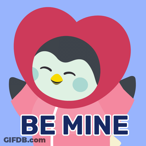 A Penguin Holding A Heart Shaped Balloon With The Words Be Mine Below It GIF