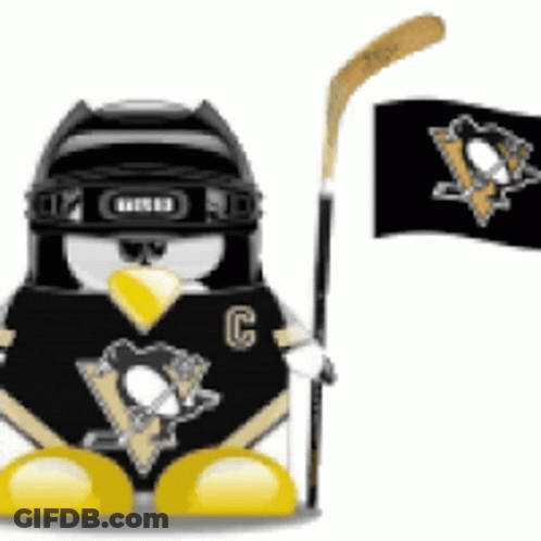 A Penguin Holding A Hockey Stick And A Flag With A Penguin On It GIF