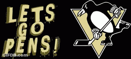 A Penguin Holding A Hockey Stick Next To The Words Let 'S Go Pens ! GIF