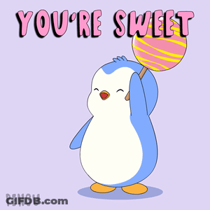 A Penguin Holding A Lollipop With The Words " You 'Re Sweet " Below It GIF