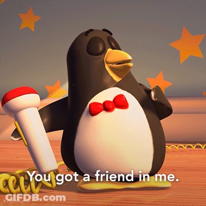 A Penguin Holding A Microphone With The Words You Got A Friend In Me GIF