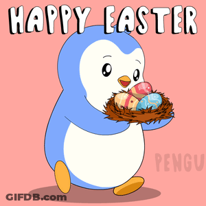A Penguin Holding A Nest Of Easter Eggs With The Words Happy Easter Written Above It GIF