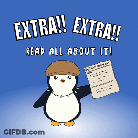 A Penguin Holding A Newspaper With The Words Extra Read All About It Below It GIF
