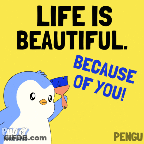 A Penguin Holding A Paint Brush With The Words Life Is Beautiful Because Of You GIF