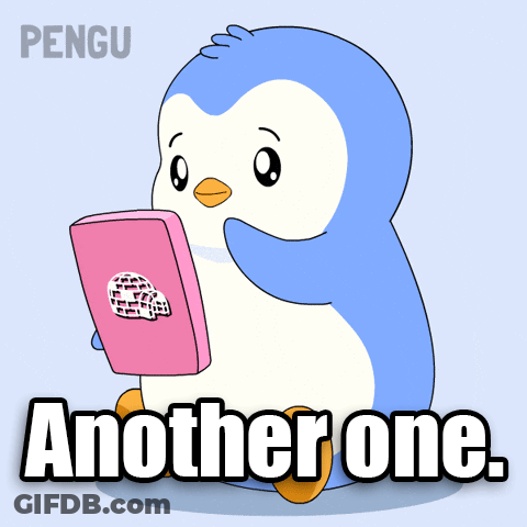 A Penguin Holding A Pink Box With The Words Another One Written Below It GIF