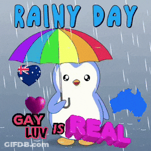 A Penguin Holding A Rainbow Colored Umbrella With The Words Rainy Day Gay Luv Is Real Below It GIF