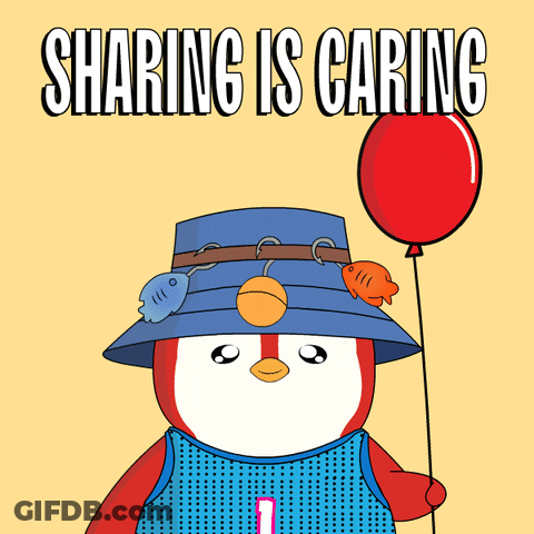 A Penguin Holding A Red Balloon With The Words Sharing Is Caring GIF