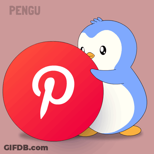 A Penguin Holding A Red Circle With The Pinterest Logo On It GIF