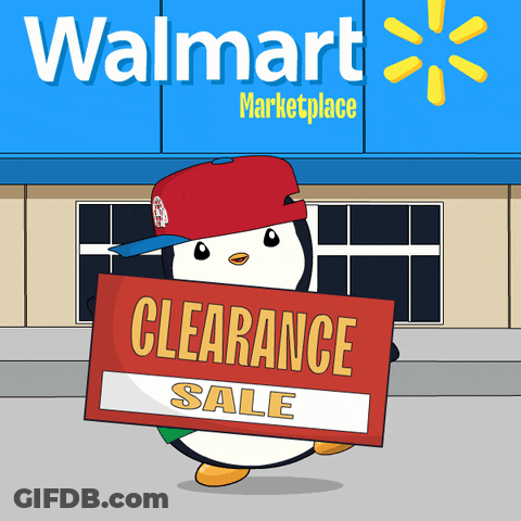 A Penguin Holding A Sign That Says Clearance Sale In Front Of A Walmart Store GIF