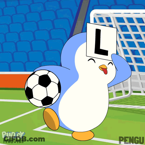 A Penguin Holding A Soccer Ball And A Sign That Says L On It GIF