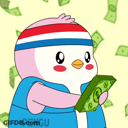A Penguin Holding A Stack Of Money With The Word Pengu On The Bottom Right GIF