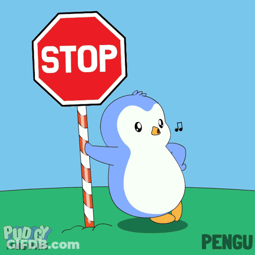 A Penguin Holding A Stop Sign With A Cane GIF