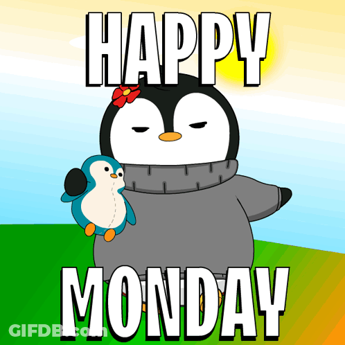 A Penguin Holding A Stuffed Penguin With The Words Happy Monday Below GIF