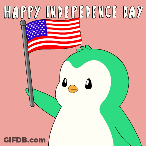 A Penguin Holding An American Flag With The Words Happy Independence Day Written Above It GIF