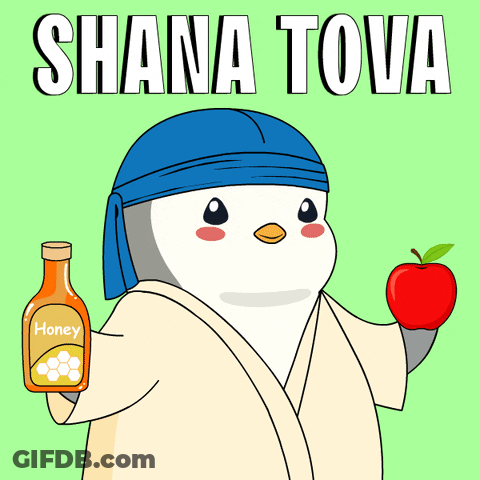 A Penguin Holding An Apple And A Bottle Of Honey With The Words Shana Tova Above Him GIF