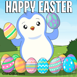 A Penguin Holding An Easter Egg In Front Of A Bunch Of Easter Eggs That Say Happy Easter GIF