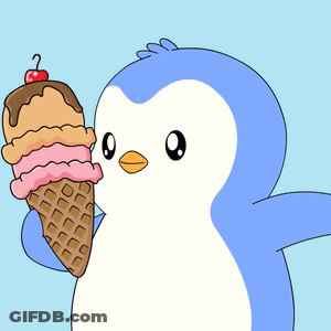 A Penguin Holding An Ice Cream Cone With A Cherry On Top Of It GIF