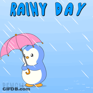 A Penguin Holding An Umbrella In The Rain With The Words Rainy Day GIF