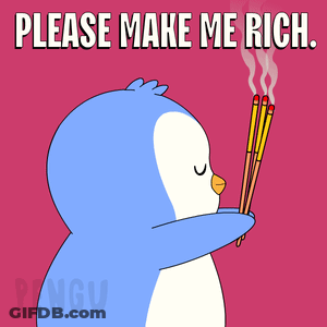 A Penguin Holding Incense Sticks With The Words Please Make Me Rich GIF