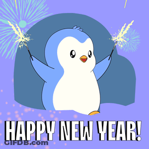 A Penguin Holding Sparklers With The Words Happy New Year GIF