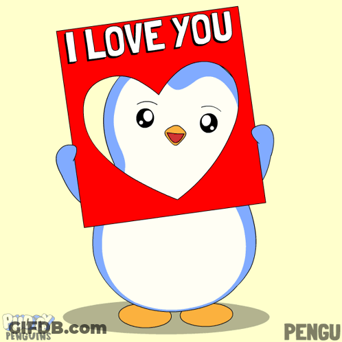 A Penguin Holding Up A Sign That Says I Love You GIF