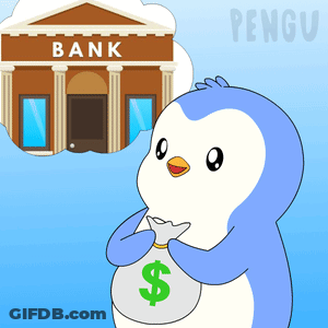 A Penguin Holds A Bag Of Money In Front Of A Bank Building GIF