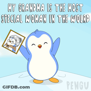 A Penguin Holds Up A Picture Of An Elderly Woman With The Caption My Grandma Is The Most Special Woman In The World GIF