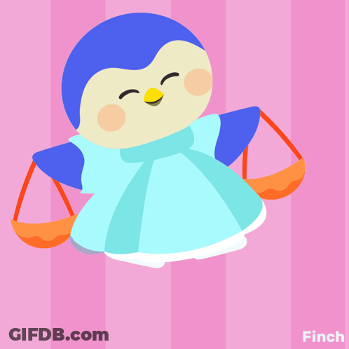 A Penguin In A Blue Dress Holding Scales And The Words Libra Time GIF