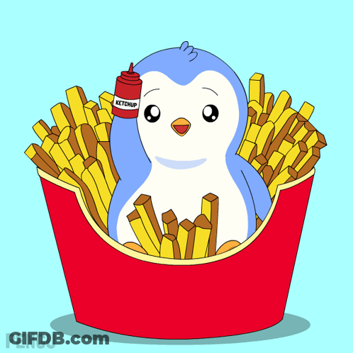A Penguin In A Bucket Of French Fries With A Ketchup Bottle On Its Head GIF