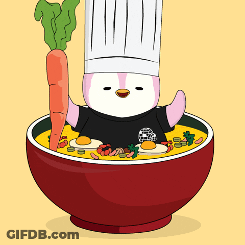 A Penguin In A Chef 'S Hat Is Holding A Carrot In A Bowl Of Food GIF