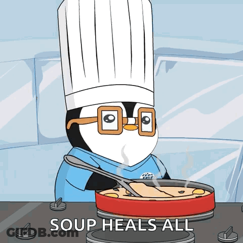 A Penguin In A Chef 'S Hat Is Stirring A Pot Of Soup That Says Soup Heals All On The Bottom GIF