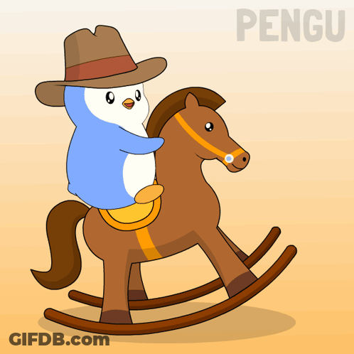 A Penguin In A Cowboy Hat Is Riding On A Rocking Horse GIF