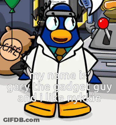 A Penguin In A Lab Coat And Tie Says My Name Is Gary The Gadget Guy GIF