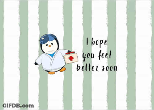 A Penguin In A Lab Coat Holding A First Aid Kit With The Words " I Hope You Feel Better Soon " Below It GIF