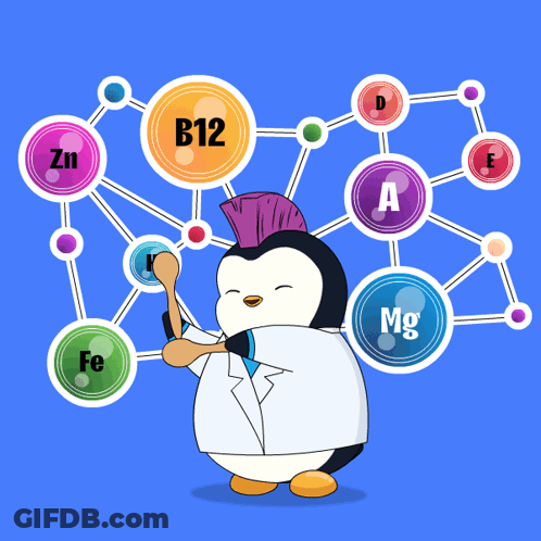 A Penguin In A Lab Coat Is Holding A Spoon In Front Of A Diagram Of Vitamins GIF