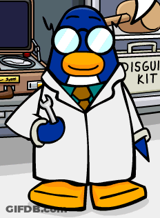 A Penguin In A Lab Coat Is Holding A Wrench In Front Of A Disguise Kit GIF