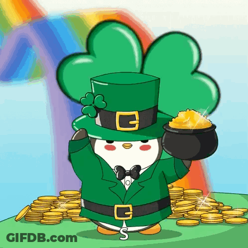 A Penguin In A Leprechaun Costume Holds A Pot Of Gold GIF