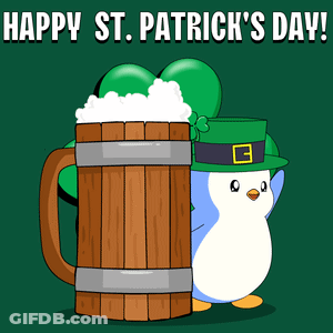A Penguin In A Leprechaun Hat Is Standing Next To A Mug Of Beer GIF