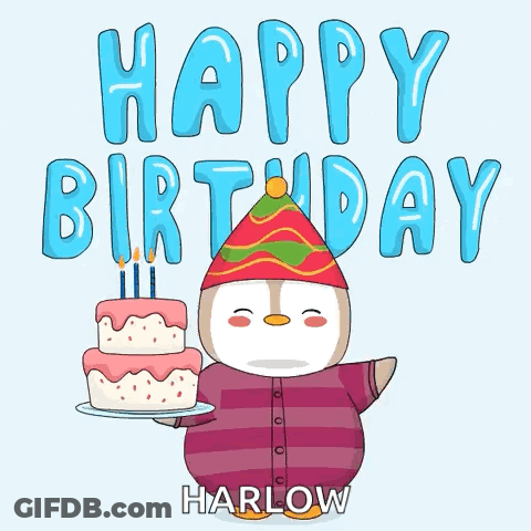 A Penguin In A Party Hat Is Holding A Birthday Cake GIF