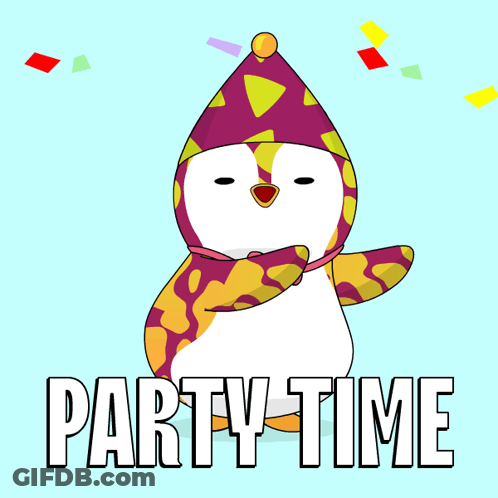 A Penguin In A Party Hat Is Surrounded By Confetti And The Words Party Time GIF