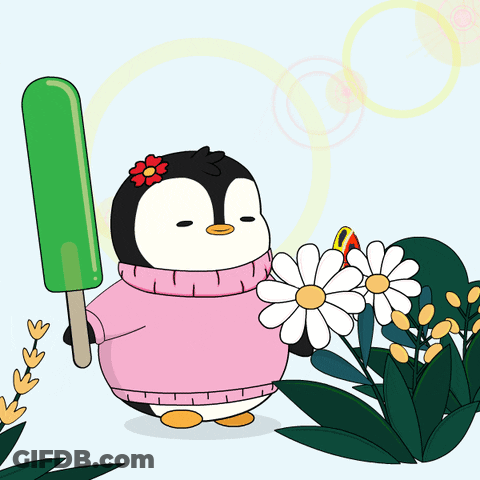 A Penguin In A Pink Sweater Is Holding An Ice Cream Bar And A Flower GIF